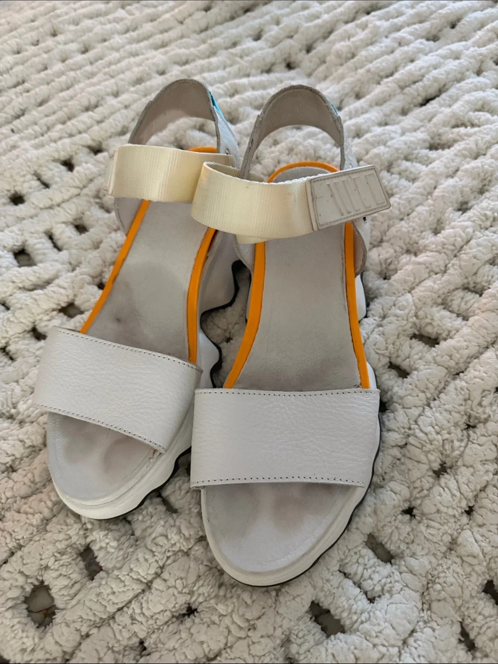 Sorel White Sandal with Orange and Teal Accents